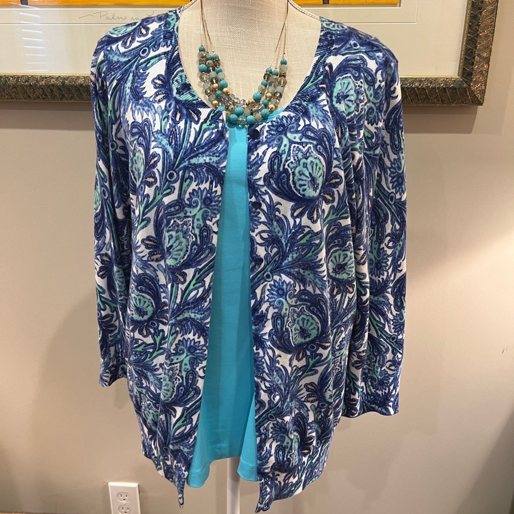 Talbots Vibrant Blue and Green Paisley Cardigan